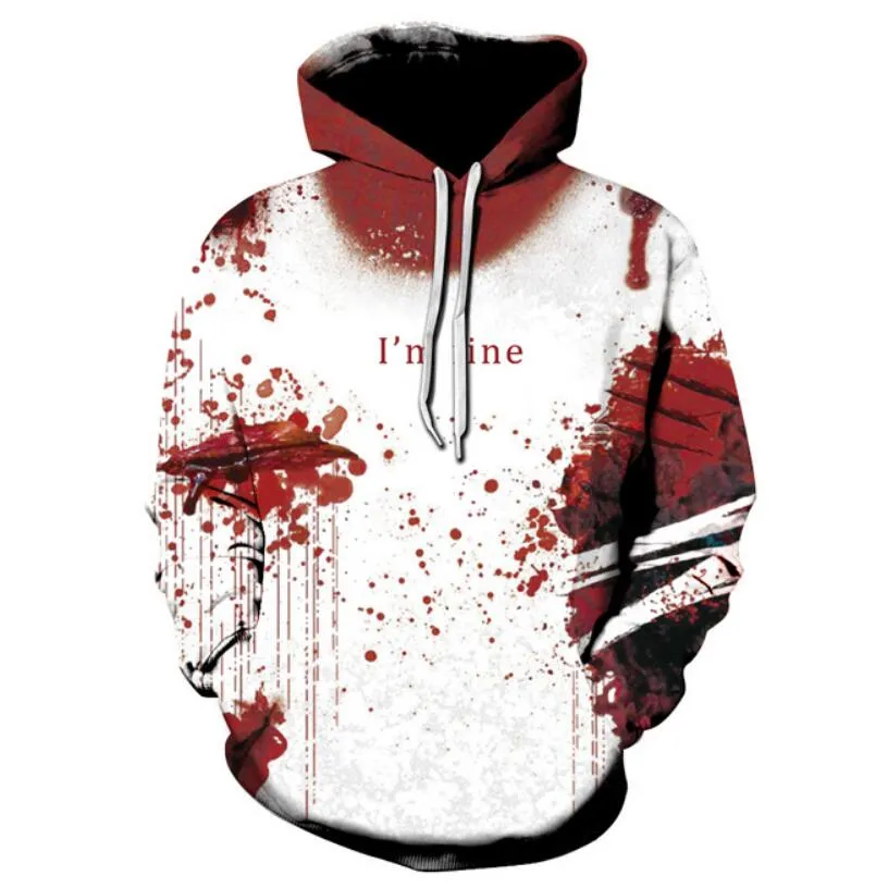 3D Print Wound Horror Blood Hoodies Sweatshirts Women Men I'M FINE Letter Hoodie Jumper Tracksuit Pullover Cosplay Women Tops