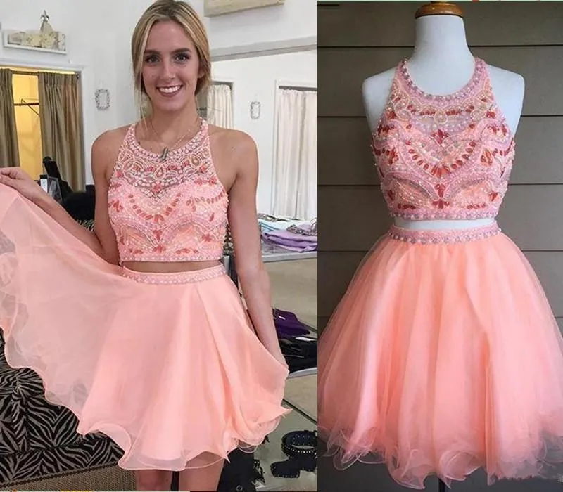 A Line 2 Pieces Round Neck Short Pink Prom Dresses, 2 Pieces Short Pink Homecoming Dresses, Graduation Dresses