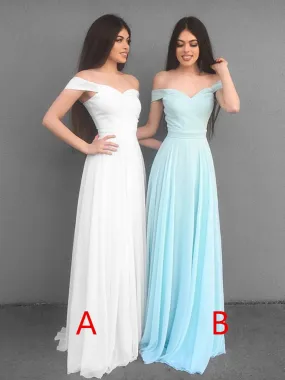 A Line Off Shoulder White/Blue Long Bridesmaid Dresses, Off Shoulder Long Prom Dresses, Graduation/Homecoming Dresses