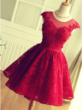 A Line Round Neck Short Lace Prom Dresses, Short Lace Formal Dresses, Graduation Dresses, Burgundy Homecoming Dresses