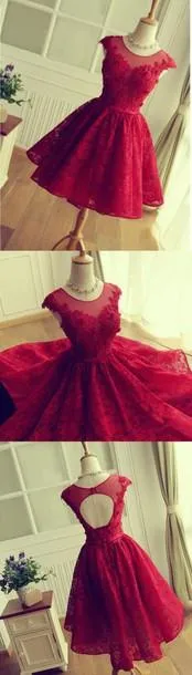 A Line Round Neck Short Lace Prom Dresses, Short Lace Formal Dresses, Graduation Dresses, Burgundy Homecoming Dresses