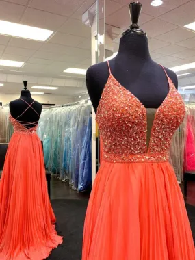 A Line V Neck Backless Beaded Orange Chiffon Long Prom, Orange Formal Evening