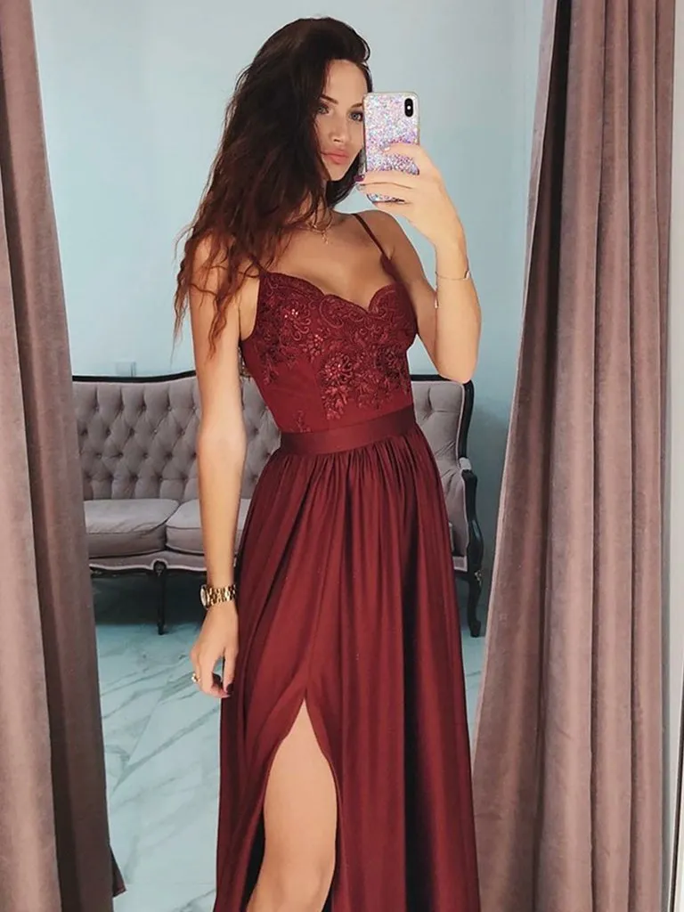 A Line V Neck Burgundy Lace Prom Dresses with Side Slit, Burgundy Lace Spaghetti Straps Graduation Dresses, Burgundy Lace Formal Dresses