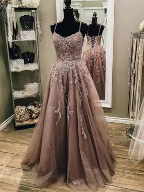 A Line V Neck Champagne Lace Long Prom, Champagne Lace Formal Evening