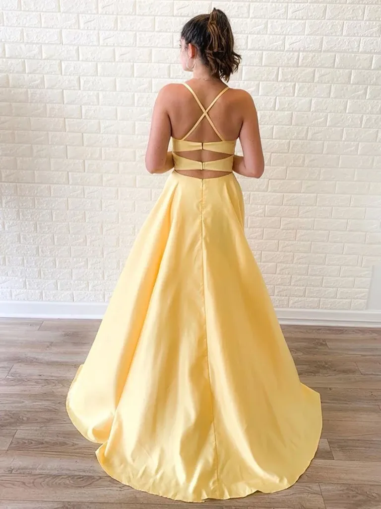 A Line Yellow Long Prom Dresses with High Leg Slit, Yellow Formal Graduation Evening Dresses, Yellow Bridesmaid Dresses