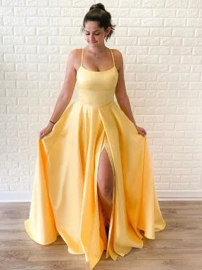 A Line Yellow Long Prom Dresses with High Leg Slit, Yellow Formal Graduation Evening Dresses, Yellow Bridesmaid Dresses