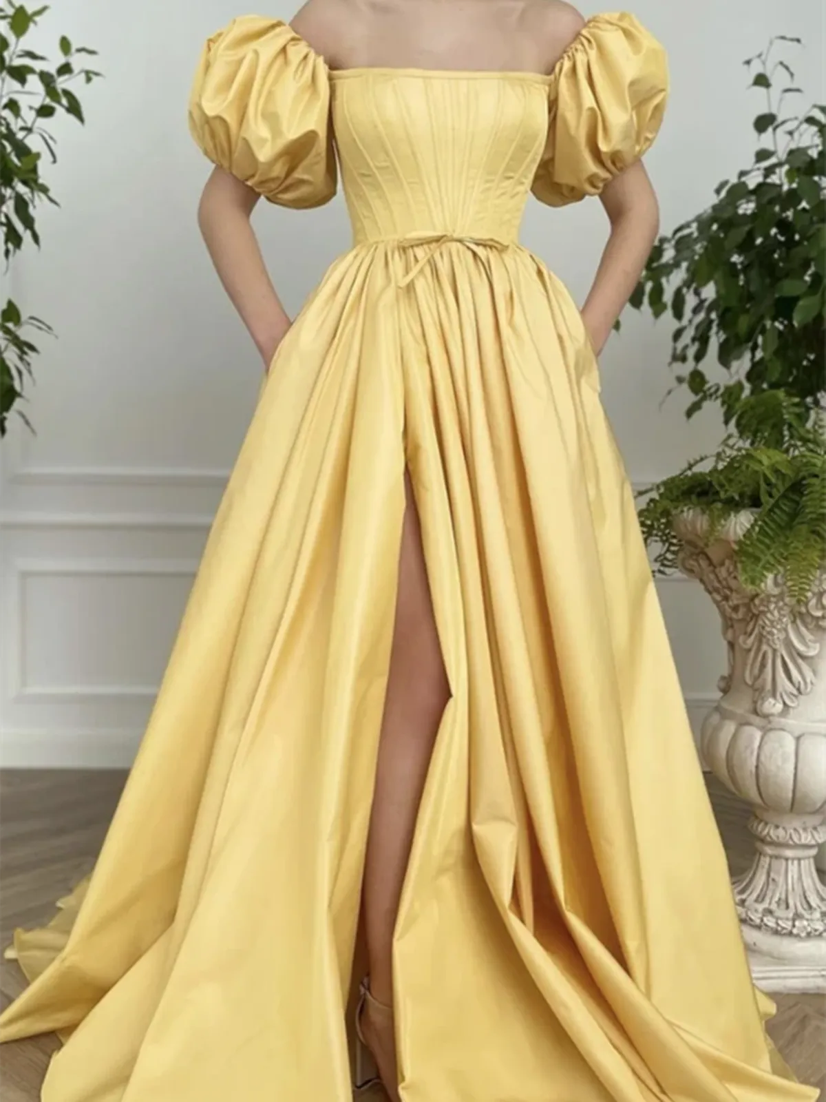 A Line Yellow Satin Long Prom Dresses, A Line Yellow Satin Long Formal Evening Dresses