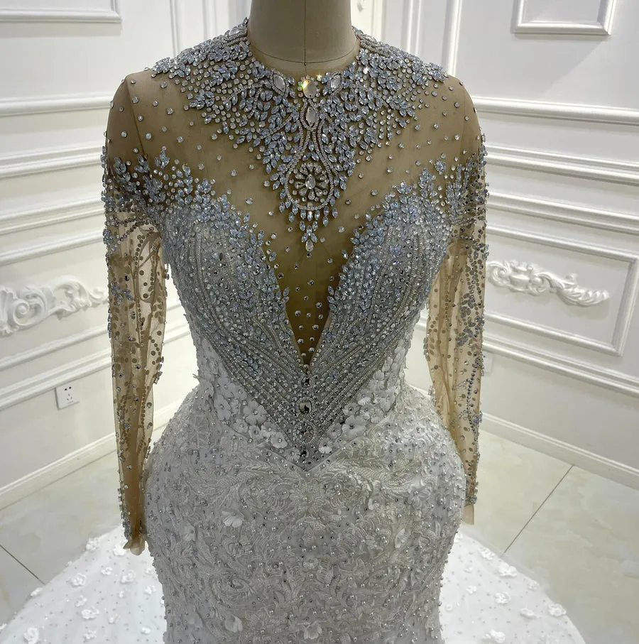 AM1257 Luxury 2 In 1 Rhinestone Crystal 3D Flowers Luxury Wedding Dress