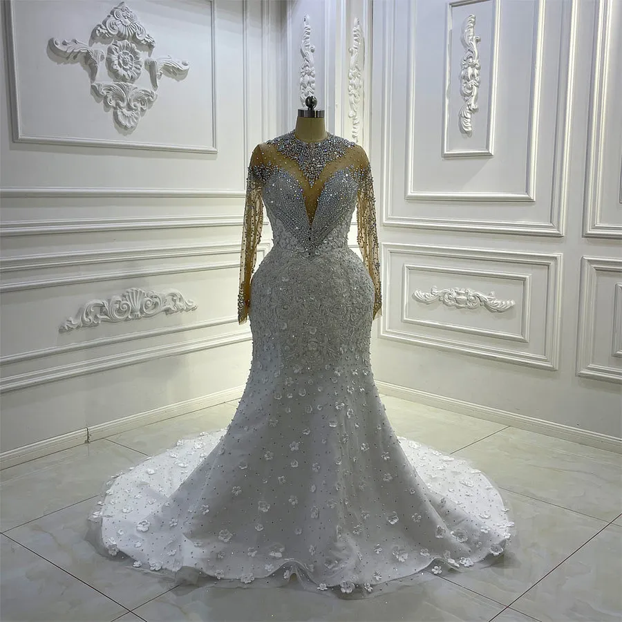 AM1257 Luxury 2 In 1 Rhinestone Crystal 3D Flowers Luxury Wedding Dress