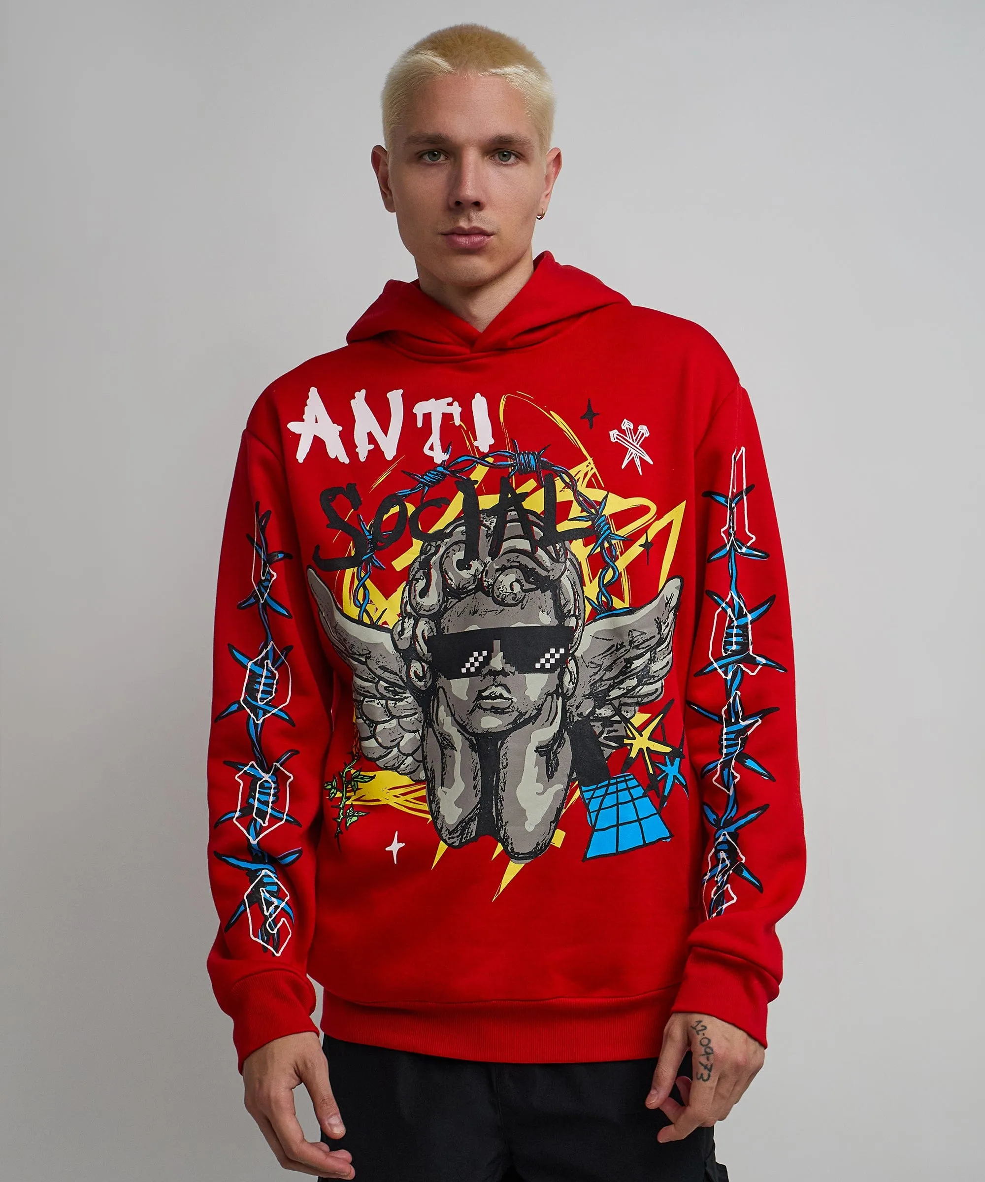 Anti Social Cherub Graphic Print Hoodie - Red