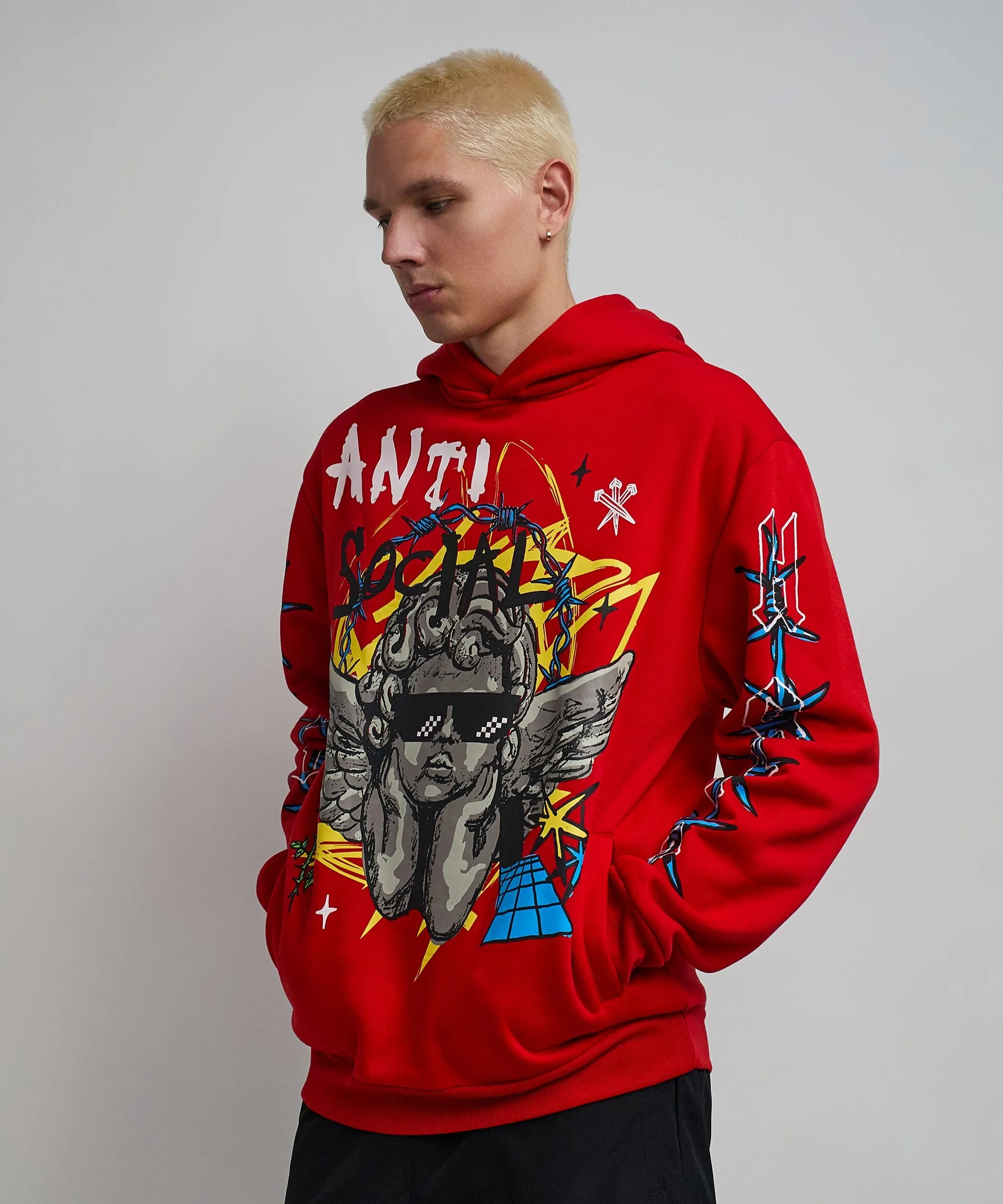 Anti Social Cherub Graphic Print Hoodie - Red