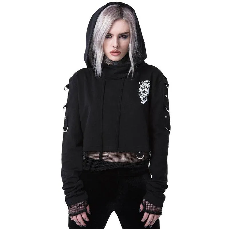 Autumn Women's Black Long Sleeves Halloween Gothic Skull Printed Hoodies