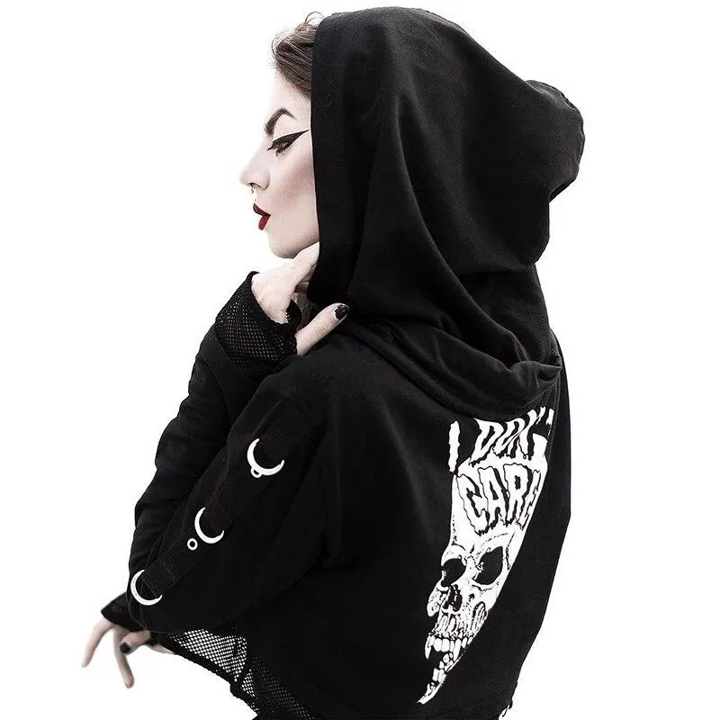 Autumn Women's Black Long Sleeves Halloween Gothic Skull Printed Hoodies