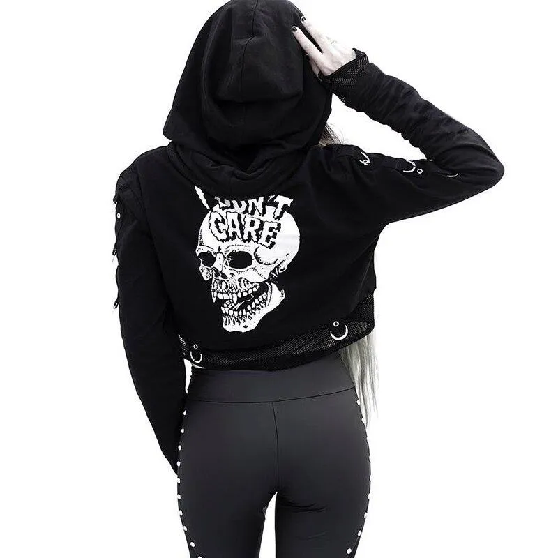 Autumn Women's Black Long Sleeves Halloween Gothic Skull Printed Hoodies