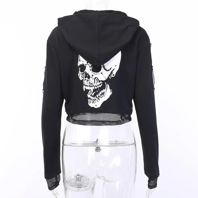 Autumn Women's Black Long Sleeves Halloween Gothic Skull Printed Hoodies