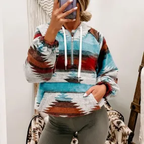 Aztec Southwest Pattern Hooded Sweatshirt Oversized Color Block Hoodies