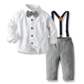 Baby Boy Grey White Bowtie Plaid Top Suspender Formal Set