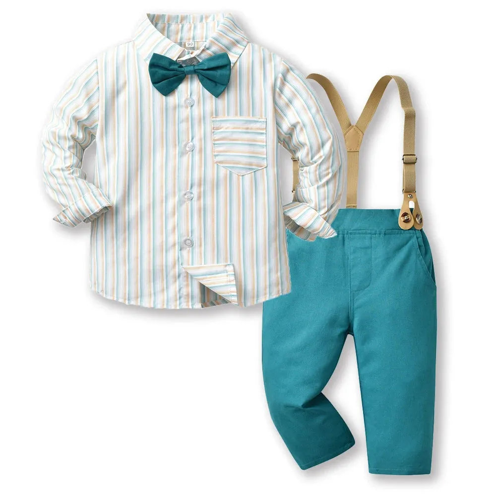 Baby Boy Grey White Bowtie Plaid Top Suspender Formal Set