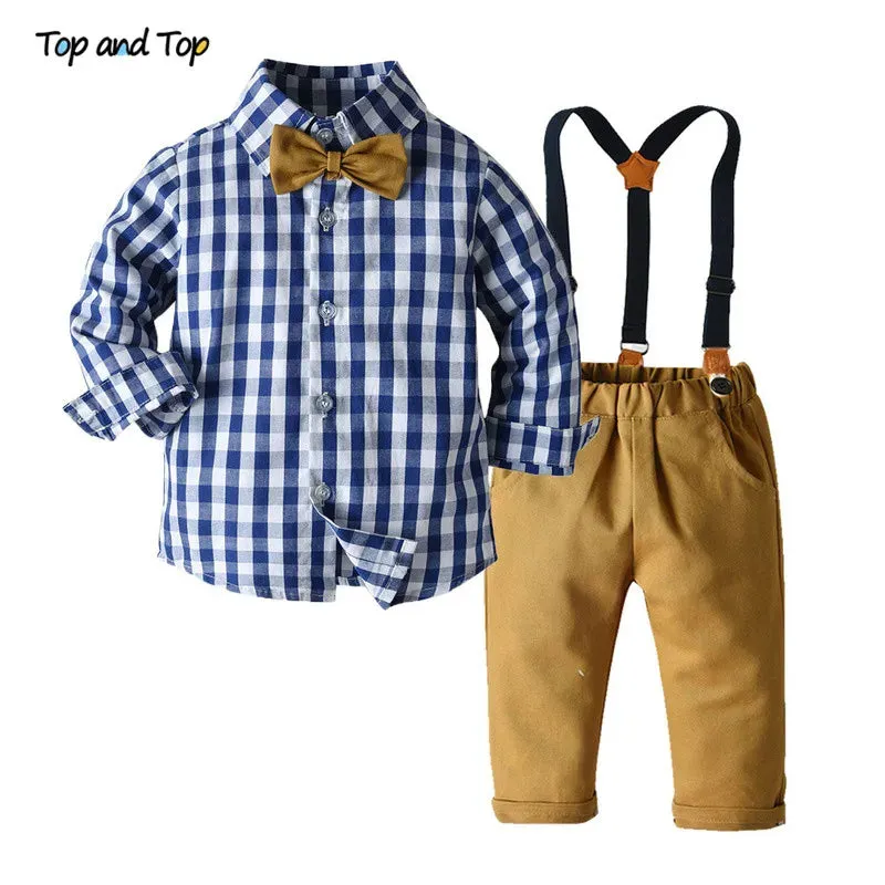 Baby Boy Grey White Bowtie Plaid Top Suspender Formal Set