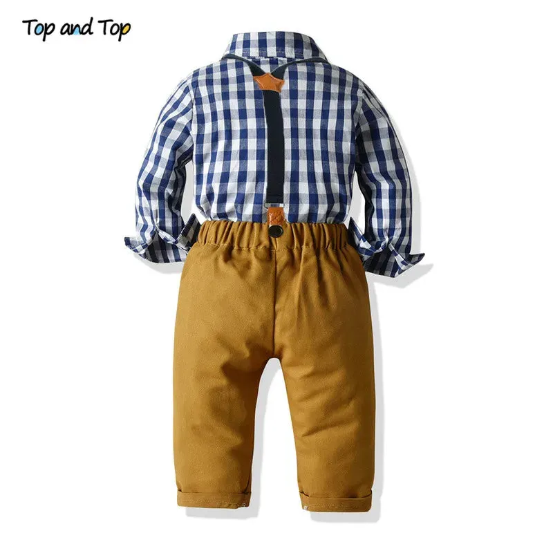 Baby Boy Grey White Bowtie Plaid Top Suspender Formal Set