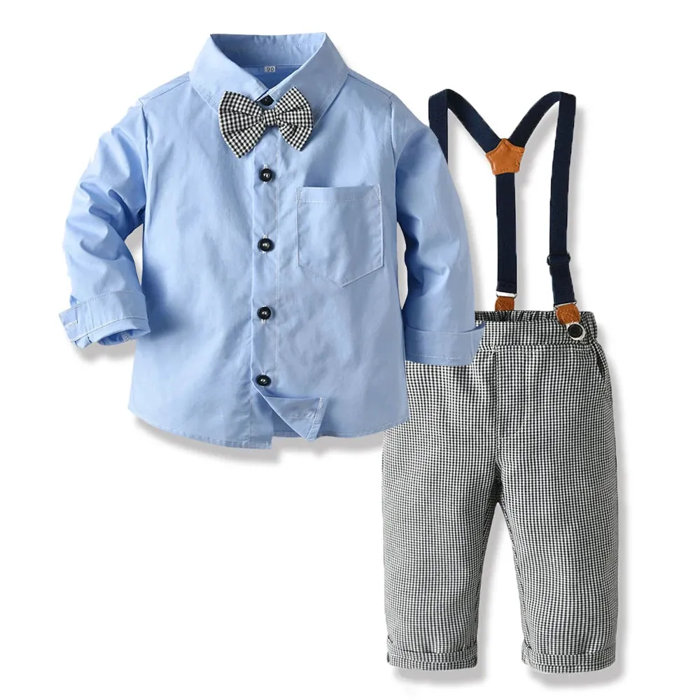 Baby Boy Grey White Bowtie Plaid Top Suspender Formal Set