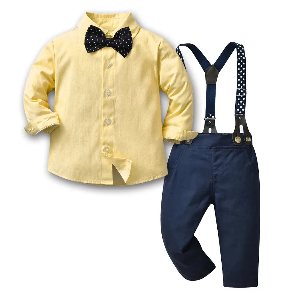 Baby Boy Grey White Bowtie Plaid Top Suspender Formal Set