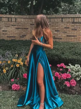 Backless Blue Long Prom Dresses, Open Back Blue Long Formal Graduation Dresses