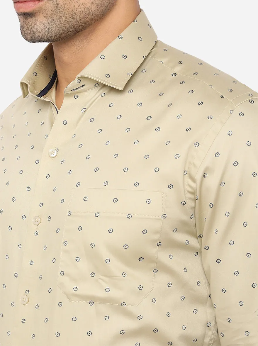 Beige & Blue Printed Slim Fit Formal Shirt | Greenfibre