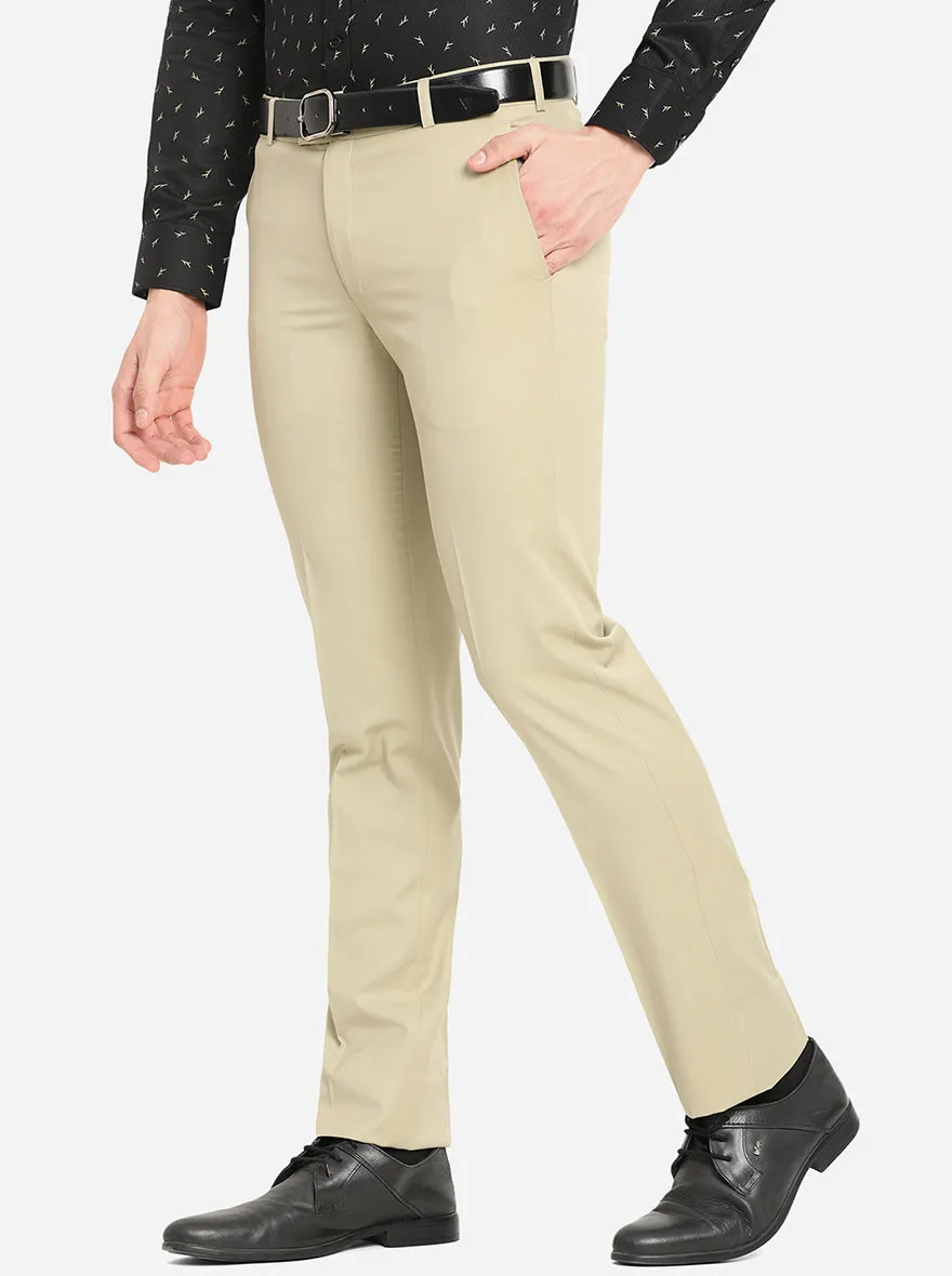 Beige Solid Slim Fit Formal Trouser | Metal