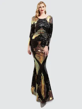 Black Backless Long Sleeve Sequin Maxi Mermaid Evening Formal Dress