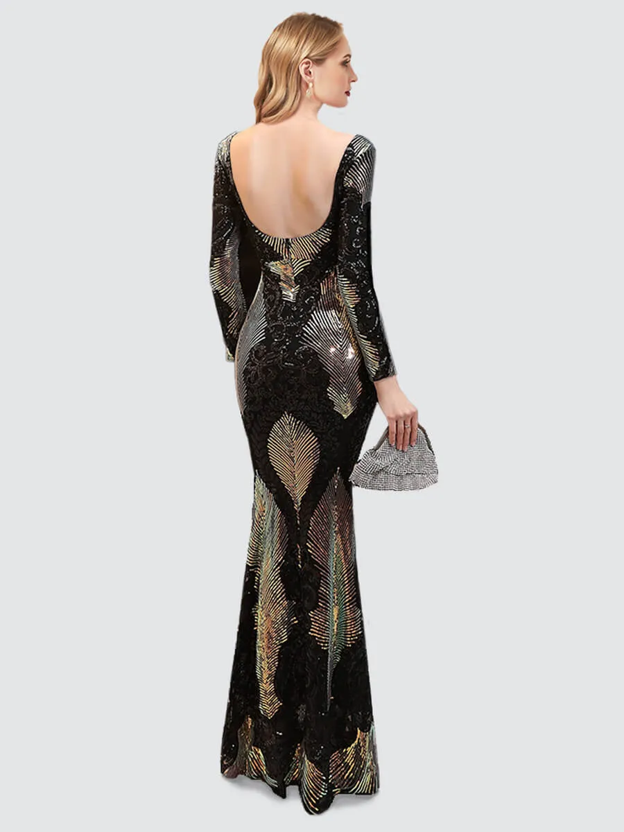 Black Backless Long Sleeve Sequin Maxi Mermaid Evening Formal Dress