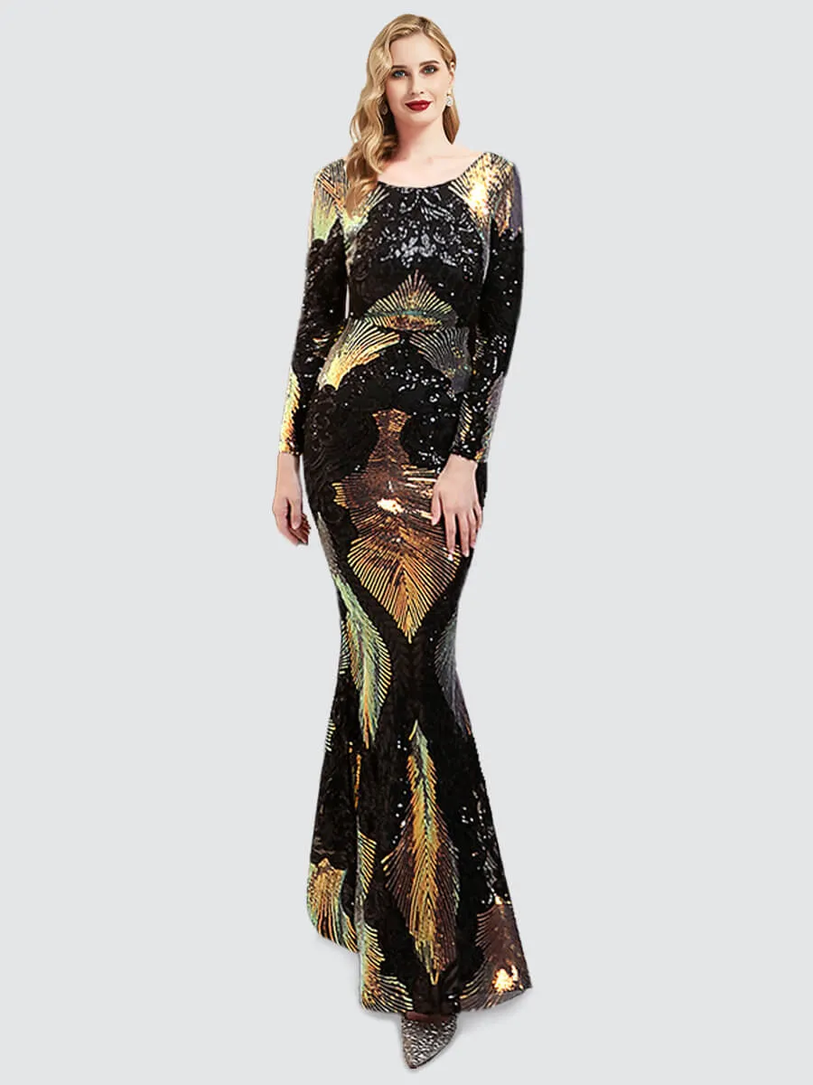 Black Backless Long Sleeve Sequin Maxi Mermaid Evening Formal Dress