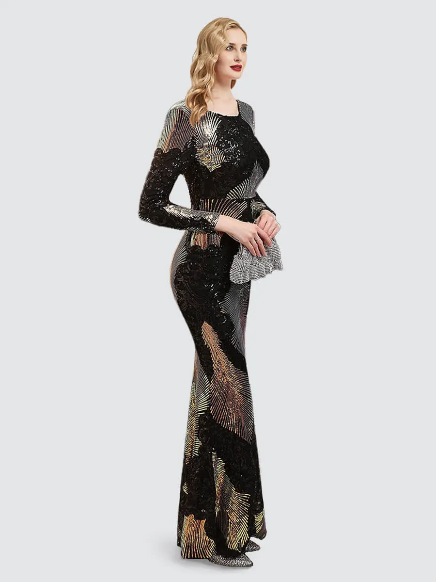 Black Backless Long Sleeve Sequin Maxi Mermaid Evening Formal Dress