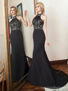 Black Mermaid Halter Sleeveless Long Prom Dresses Online, Dance Dresses,12572