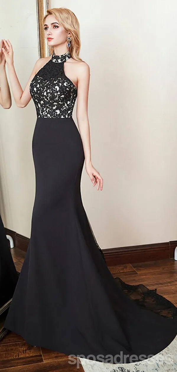 Black Mermaid Halter Sleeveless Long Prom Dresses Online, Dance Dresses,12572