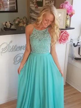 Blue/ Aqua Backless Lace Long Prom Dresses, Aqua Lace Bridesmaid Dresses, Blue Lace Formal Evening Dresses