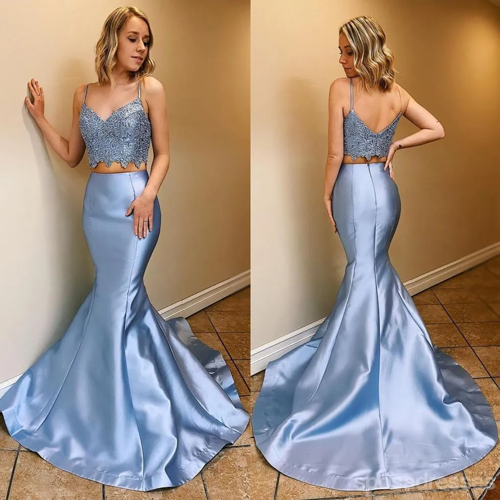 Blue Mermaid Two Pieces Spaghetti Straps Party Prom Dresses, Prom & Dance Dresses,12532