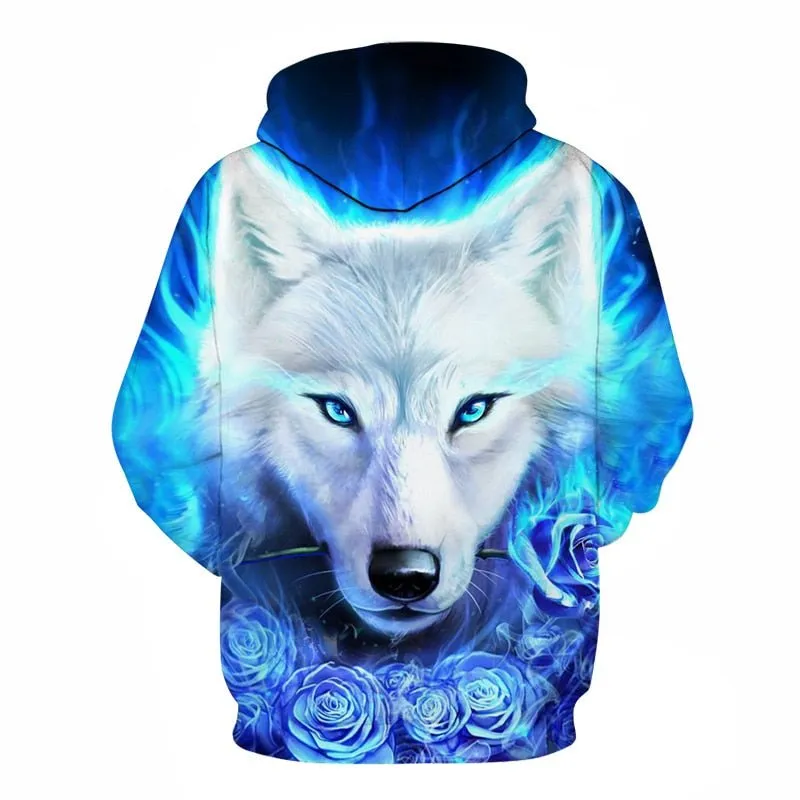 Blue rose Wolf Hoodies Men 3D Sweatshirts Harajuku Hoody Quality Pullover Streatwear Tracksuits hip hop tops