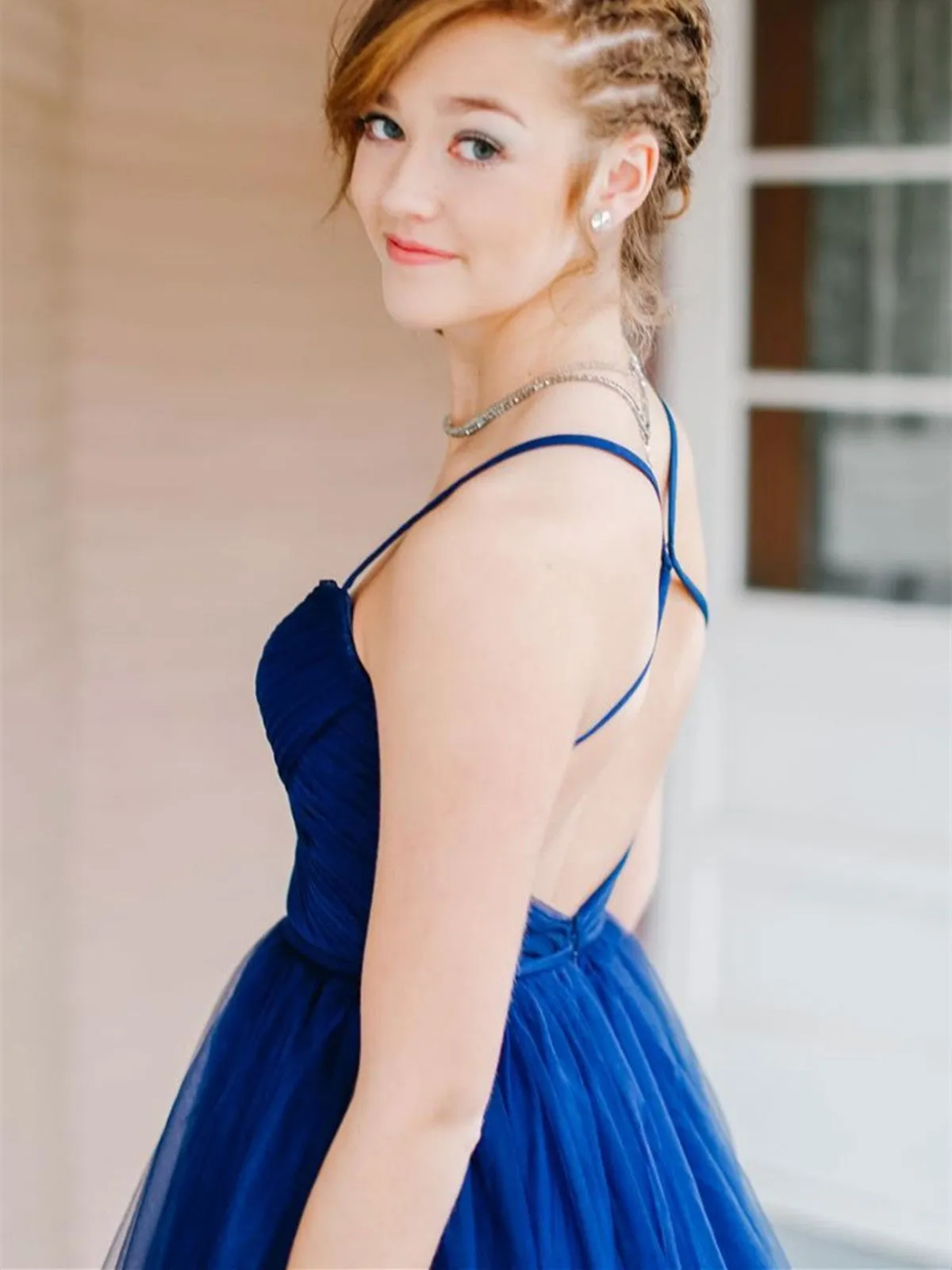 Blue sweetheart tulle long prom dress, blue formal evening dress