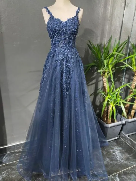 Elegant Long Blue Tulle Evening Dress with Applique - Formal Prom Gown SH902