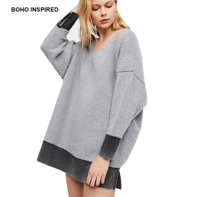 Boho Inspired oversized v-neck sweatshirt with fuzzy bodice hoodies patchwork long casual pullover women 2018