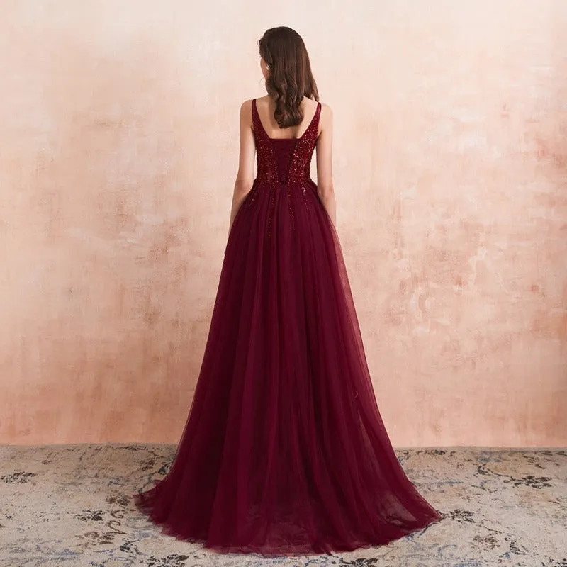 Burgundy Formal Gala Tulle Sequins Split Evening Dress EV1011