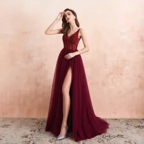 Burgundy Formal Gala Tulle Sequins Split Evening Dress EV1011