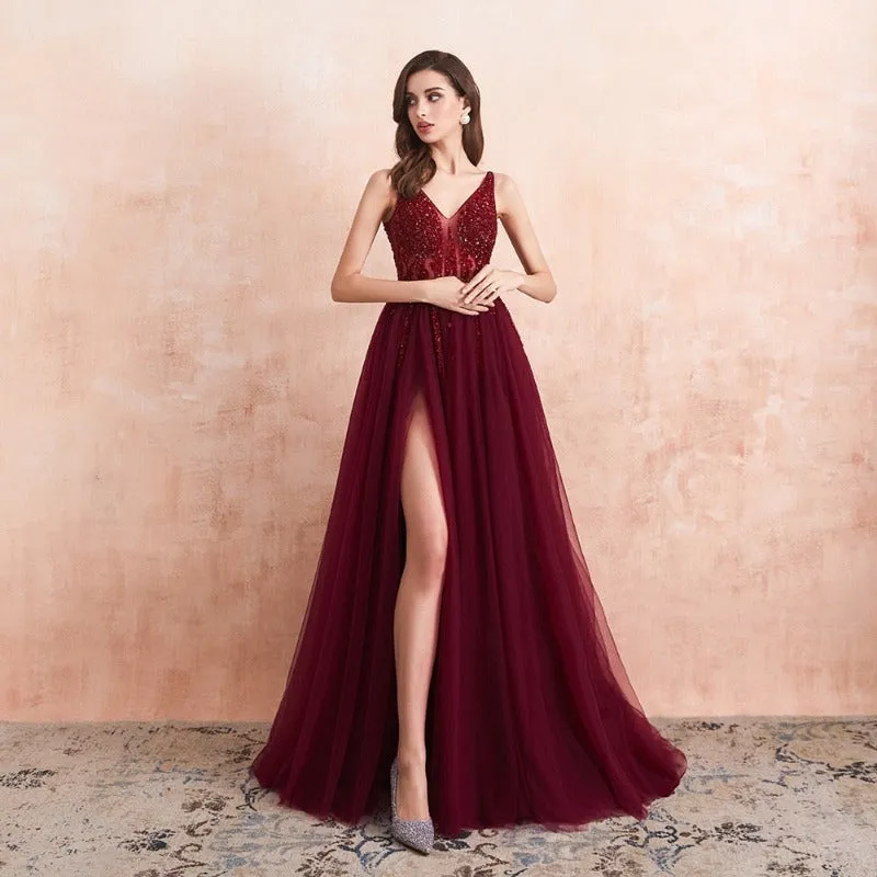 Burgundy Formal Gala Tulle Sequins Split Evening Dress EV1011