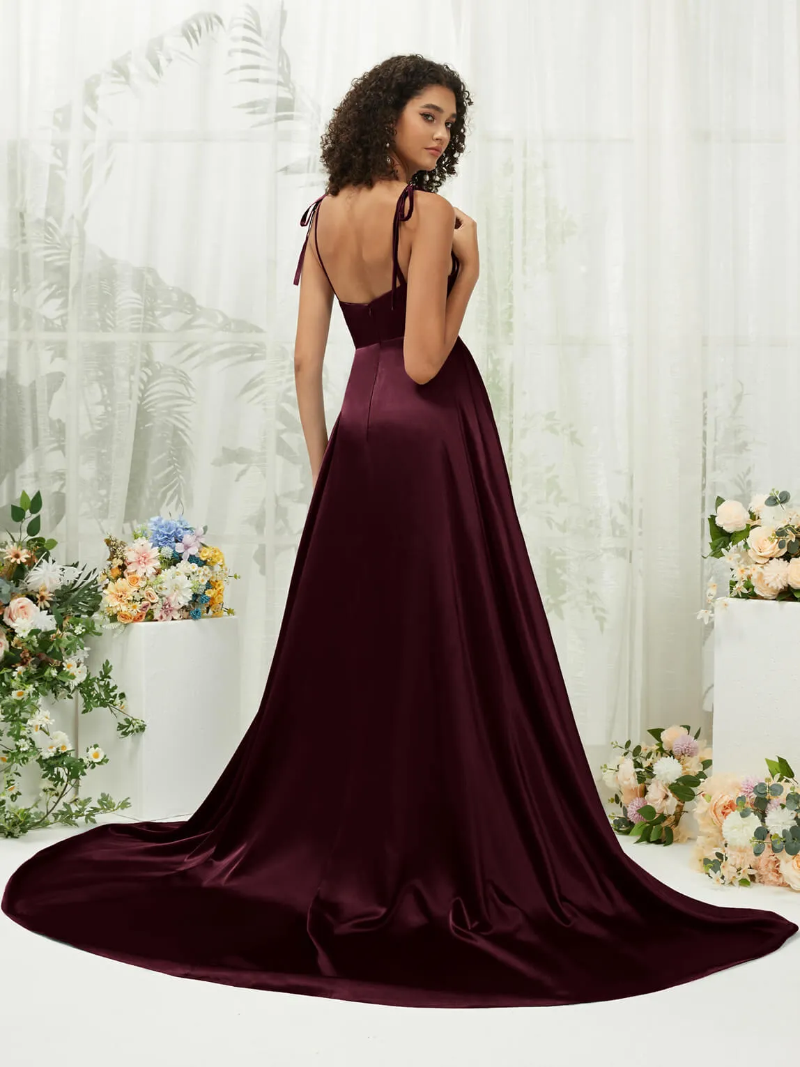 Cabernet Satin Sweetheart Adjustable Straps Formal Gown With Pocket