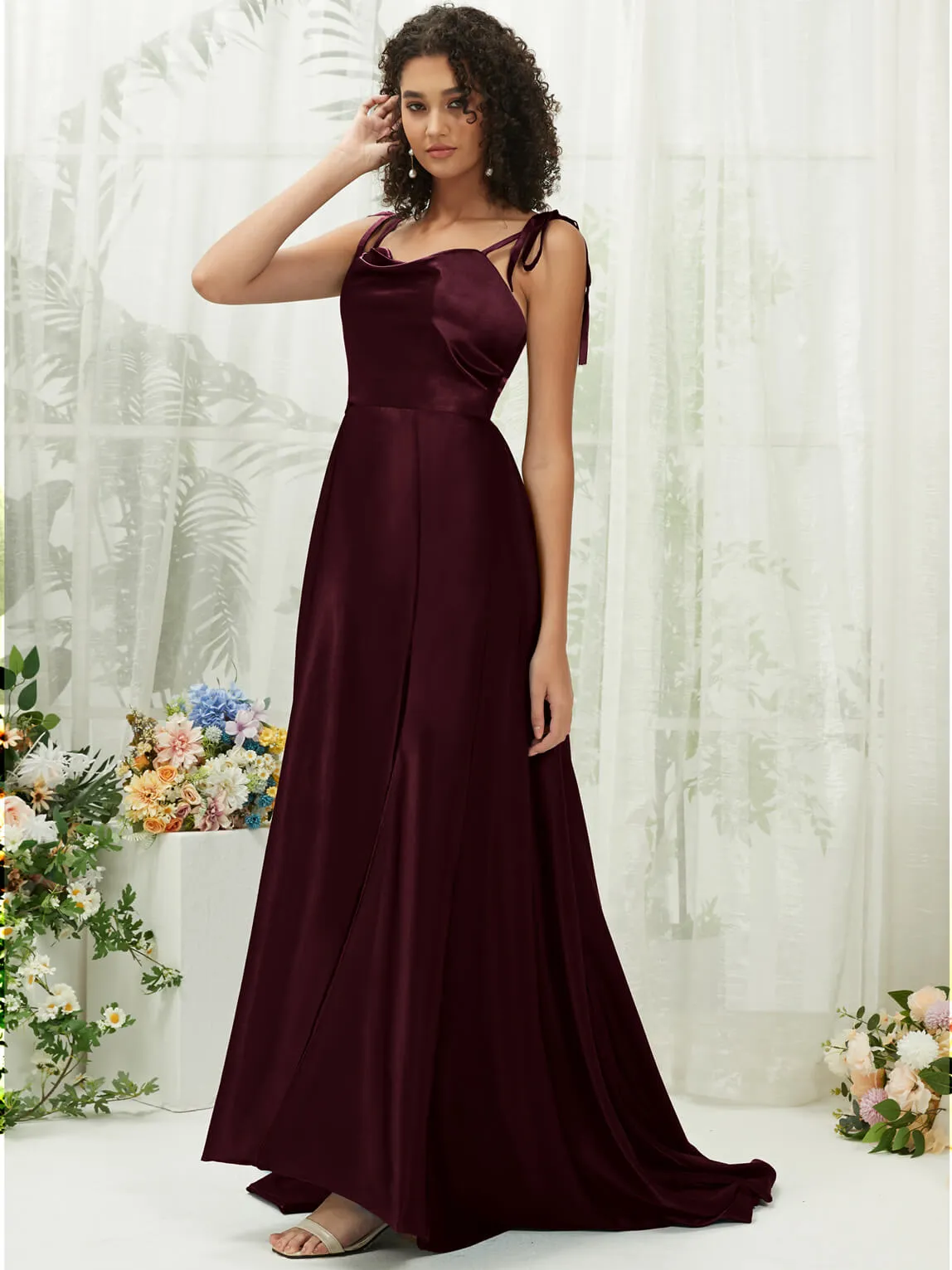 Cabernet Satin Sweetheart Adjustable Straps Formal Gown With Pocket