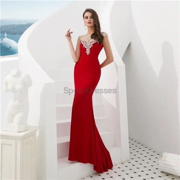 Cap Sleeves Red Beaded Mermaid Evening Prom Dresses, Evening Party Prom Dresses, 12086