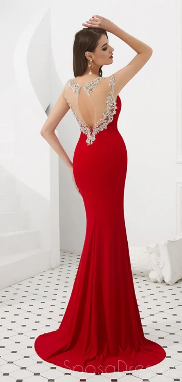 Cap Sleeves Red Beaded Mermaid Evening Prom Dresses, Evening Party Prom Dresses, 12086