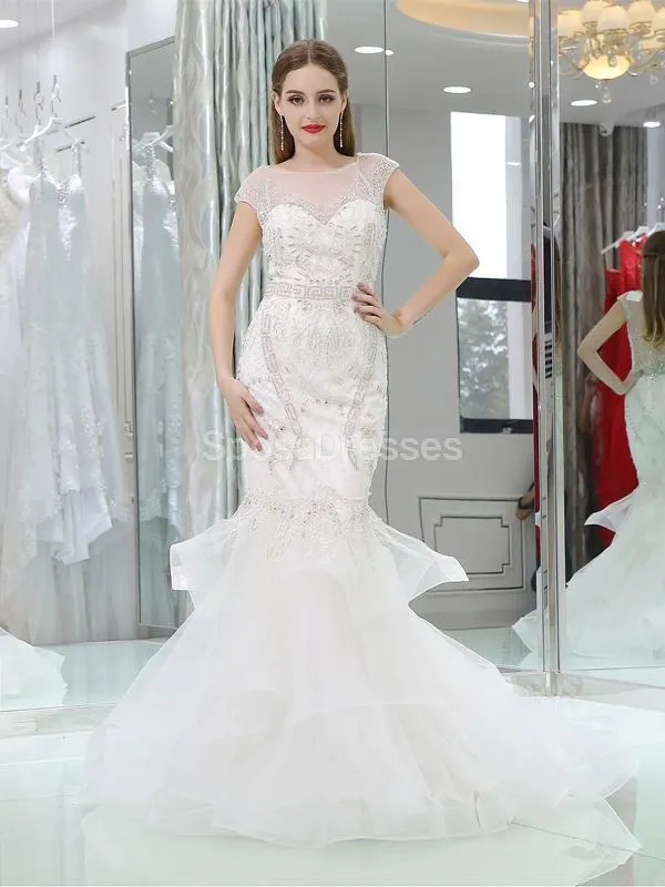 Cap Sleeves Rhinestone Mermaid Wedding Dresses Online, Unique Bridal Dresses, WD583