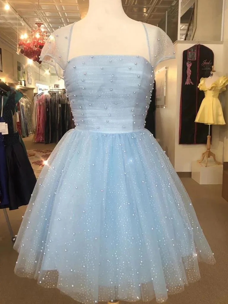 Cap Sleeves Short Beaded Prom Dresses, Short Blue  Graduation Homecoming Dresses